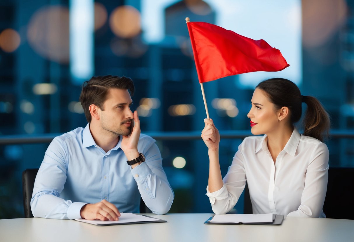 Two people sitting at a table, one person holding up a red flag while the other person shakes their head in disagreement