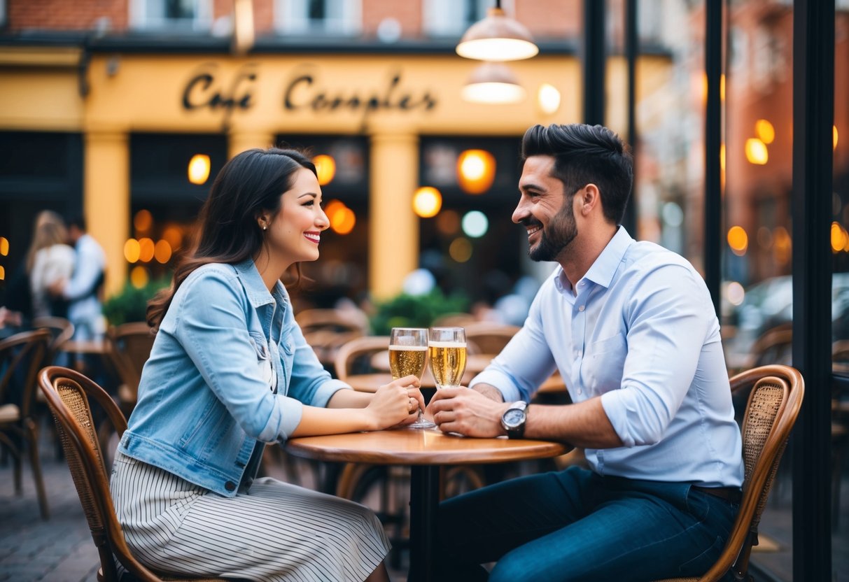 A couple sitting across from each other, smiling and engaged in conversation at a cozy café