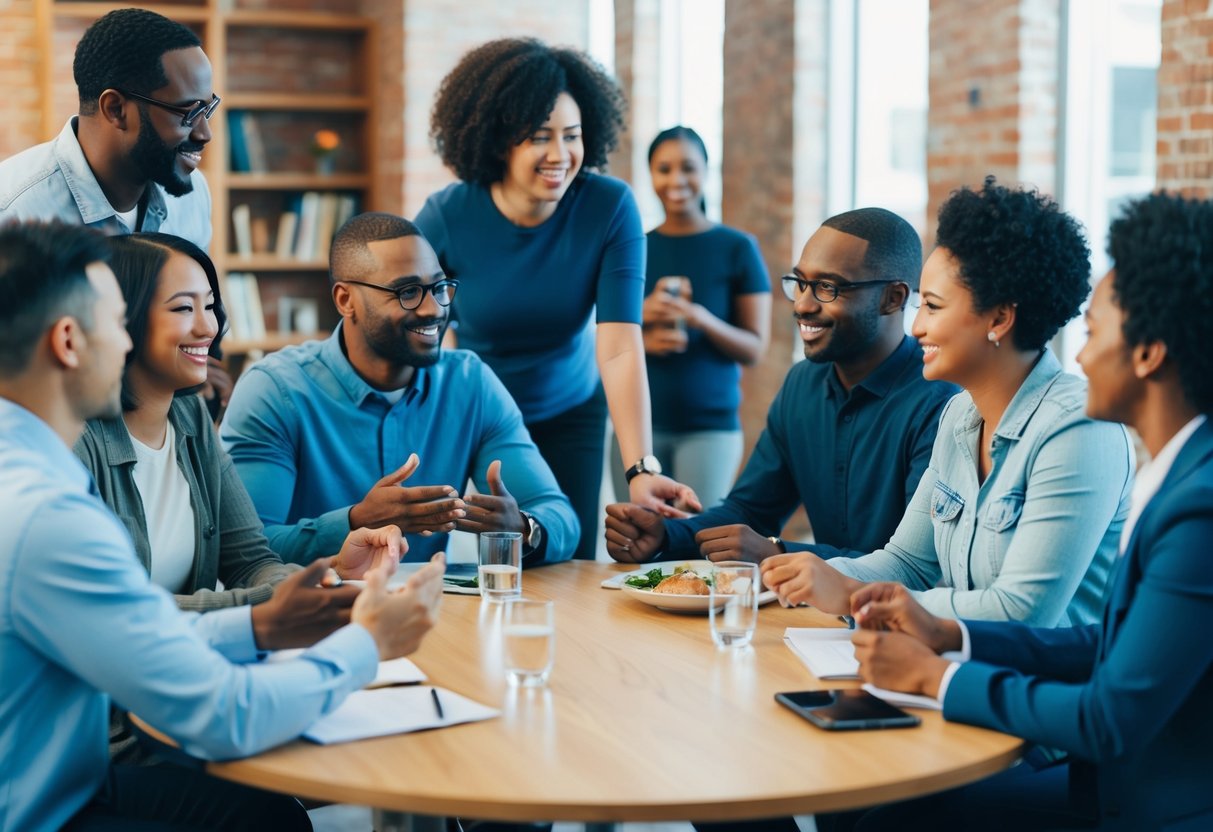 A diverse group of people engage in conversation and activities, demonstrating mutual respect and consent in a welcoming environment