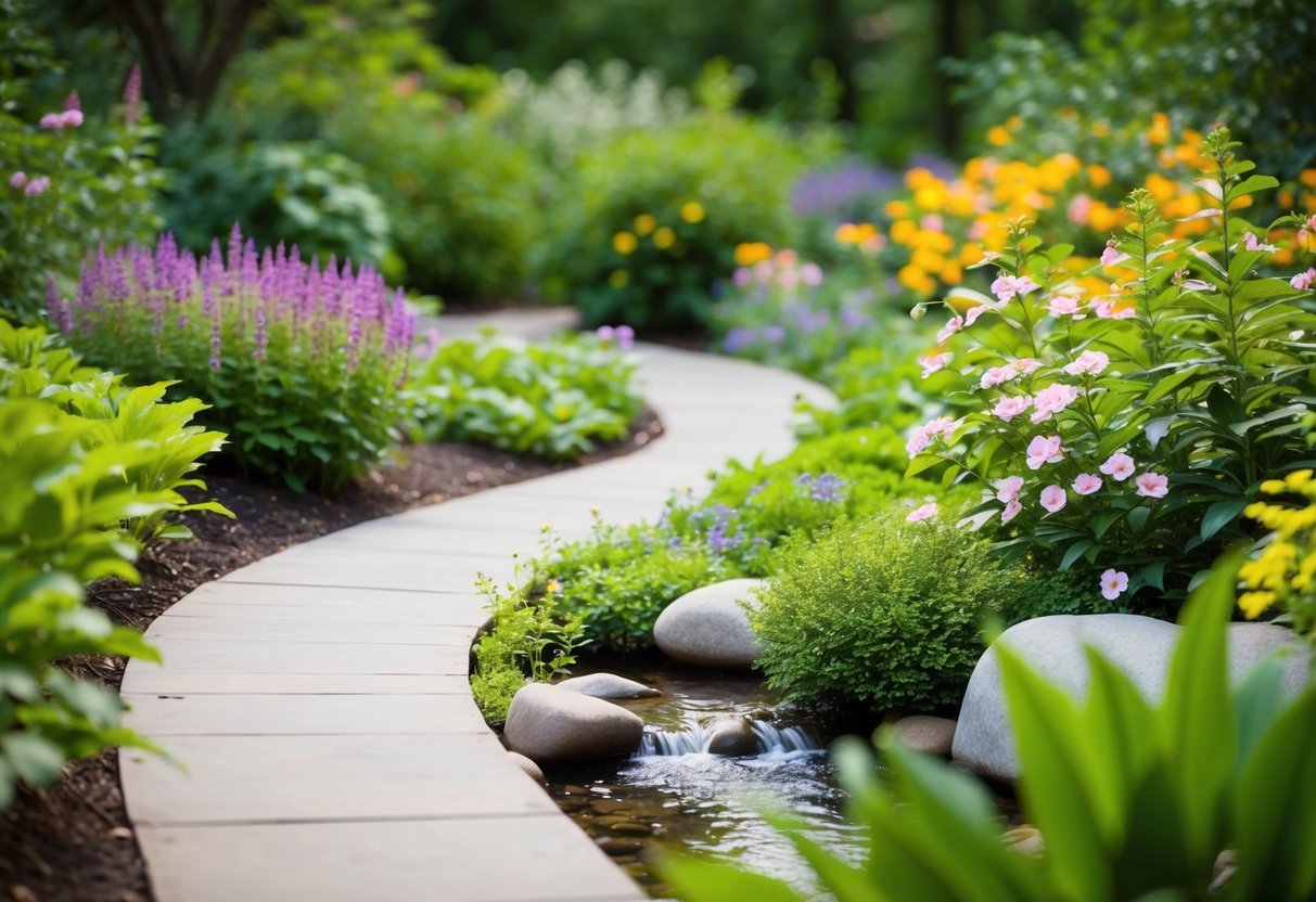 A serene, blooming garden with a winding path leading to a peaceful, secluded clearing. A gentle stream flows nearby, surrounded by vibrant, healing plants