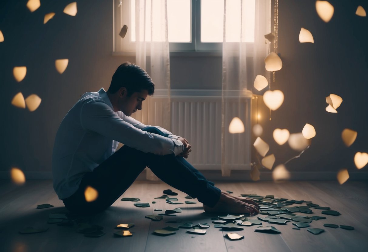 A person sitting alone in a dimly lit room, surrounded by shattered pieces of a broken heart, trying to piece them back together