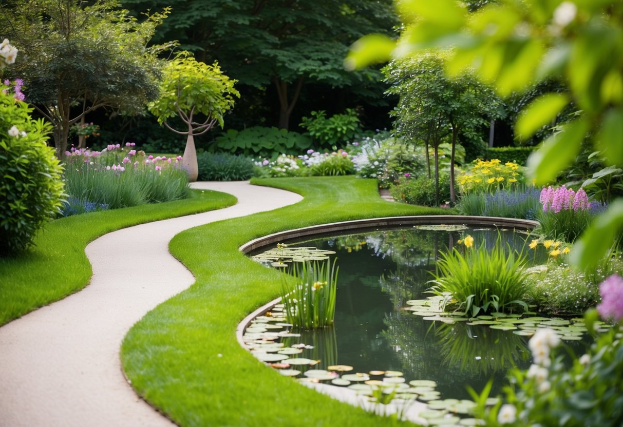 A serene garden with a winding path leading to a tranquil pond surrounded by lush greenery and blooming flowers, evoking a sense of safety and healing