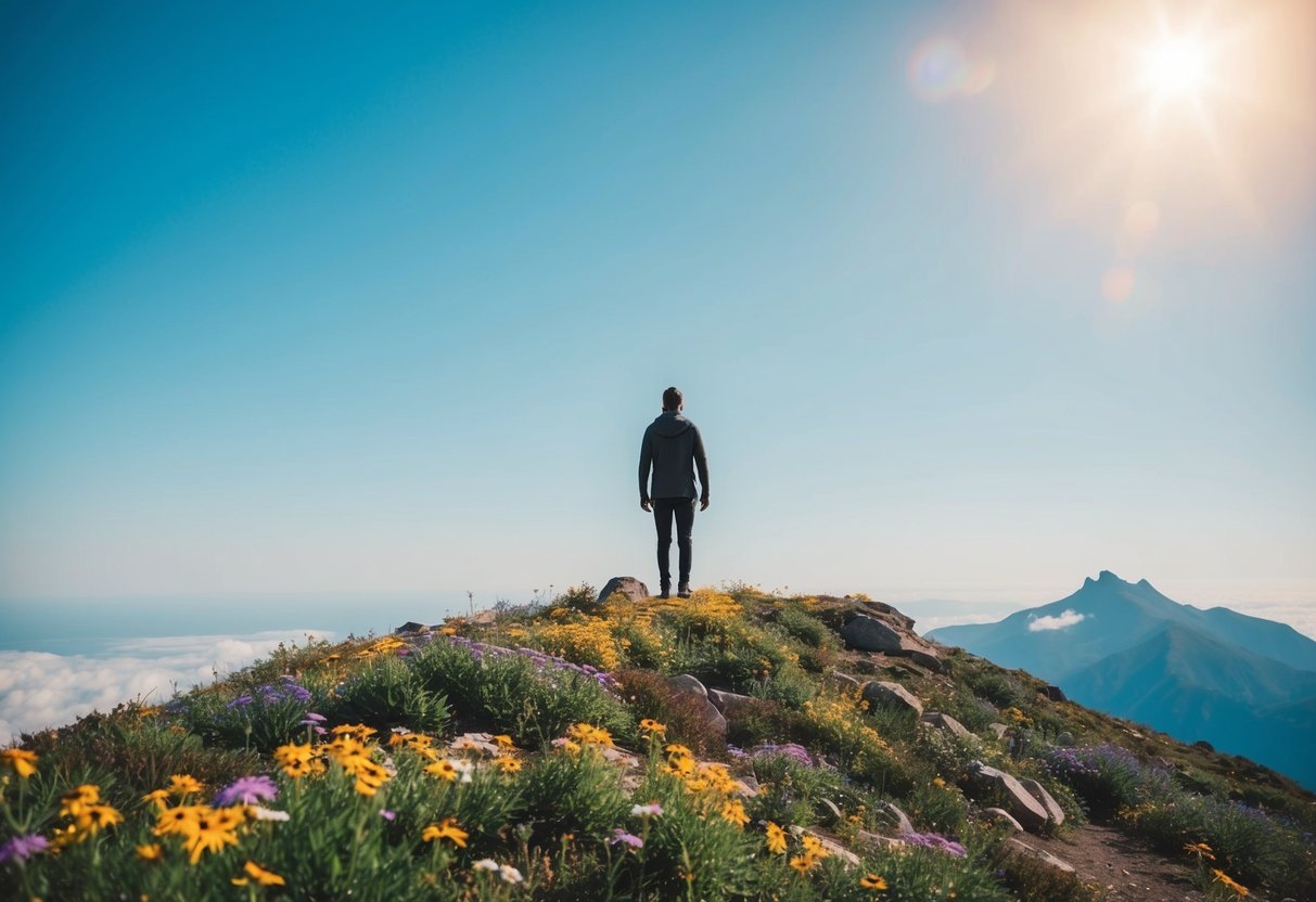 A lone figure stands atop a mountain, surrounded by vibrant wildflowers and a clear, blue sky, symbolizing self-empowerment and regaining control after trauma