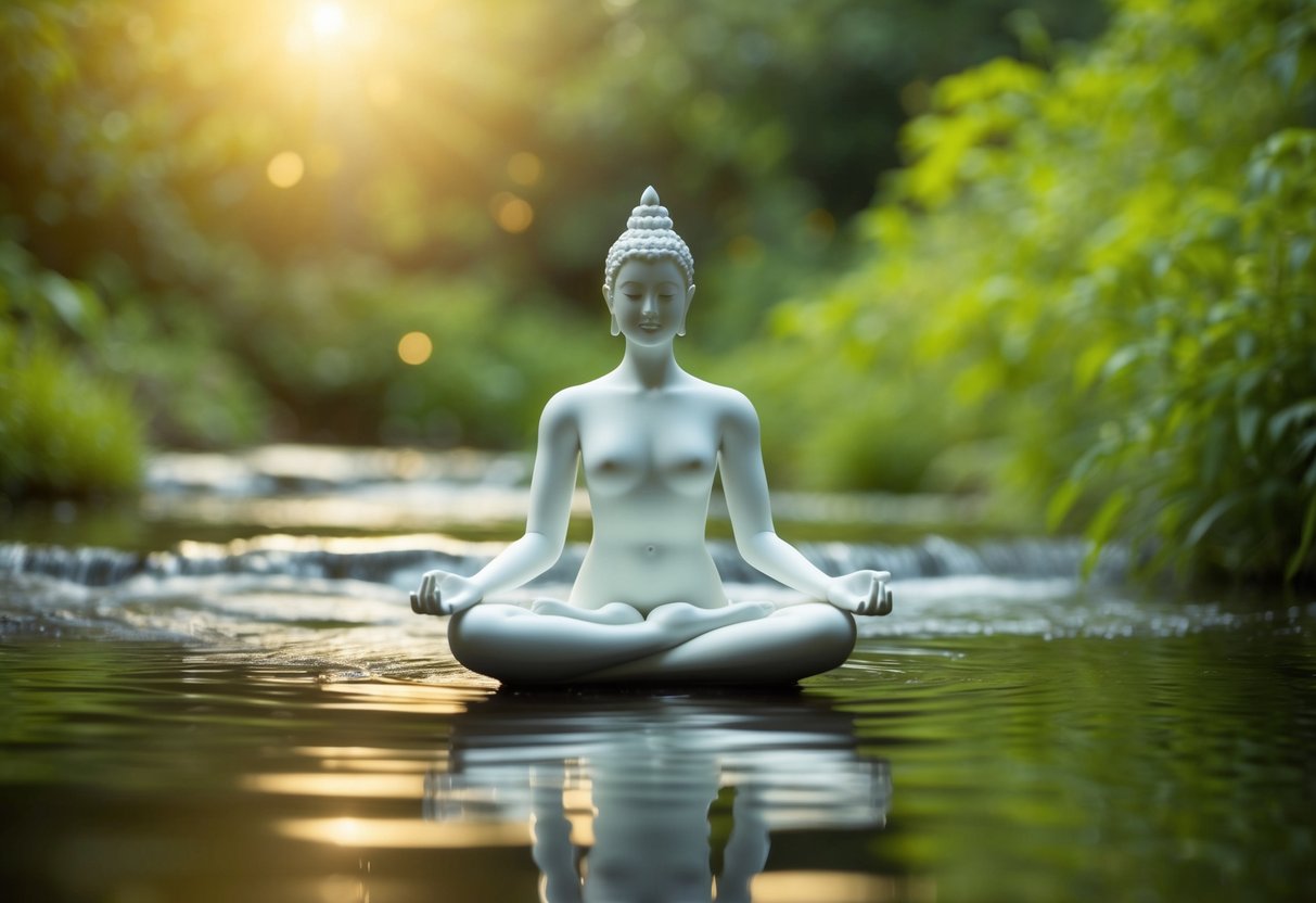 A serene figure meditates in a peaceful, natural setting, surrounded by gentle flowing water and lush greenery