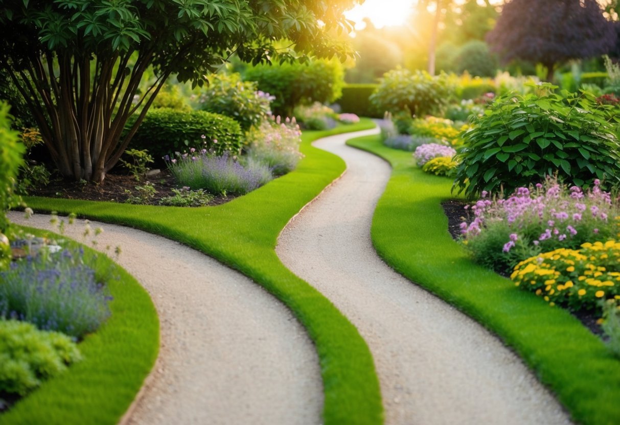 A serene, winding path through a lush, blooming garden with two separate but intertwining trails, symbolizing the journey of trust-building and healing in relationships after trauma