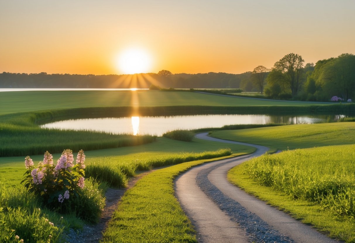 A serene, open field with a winding path leading to a tranquil, sunlit lake surrounded by lush greenery and blooming flowers