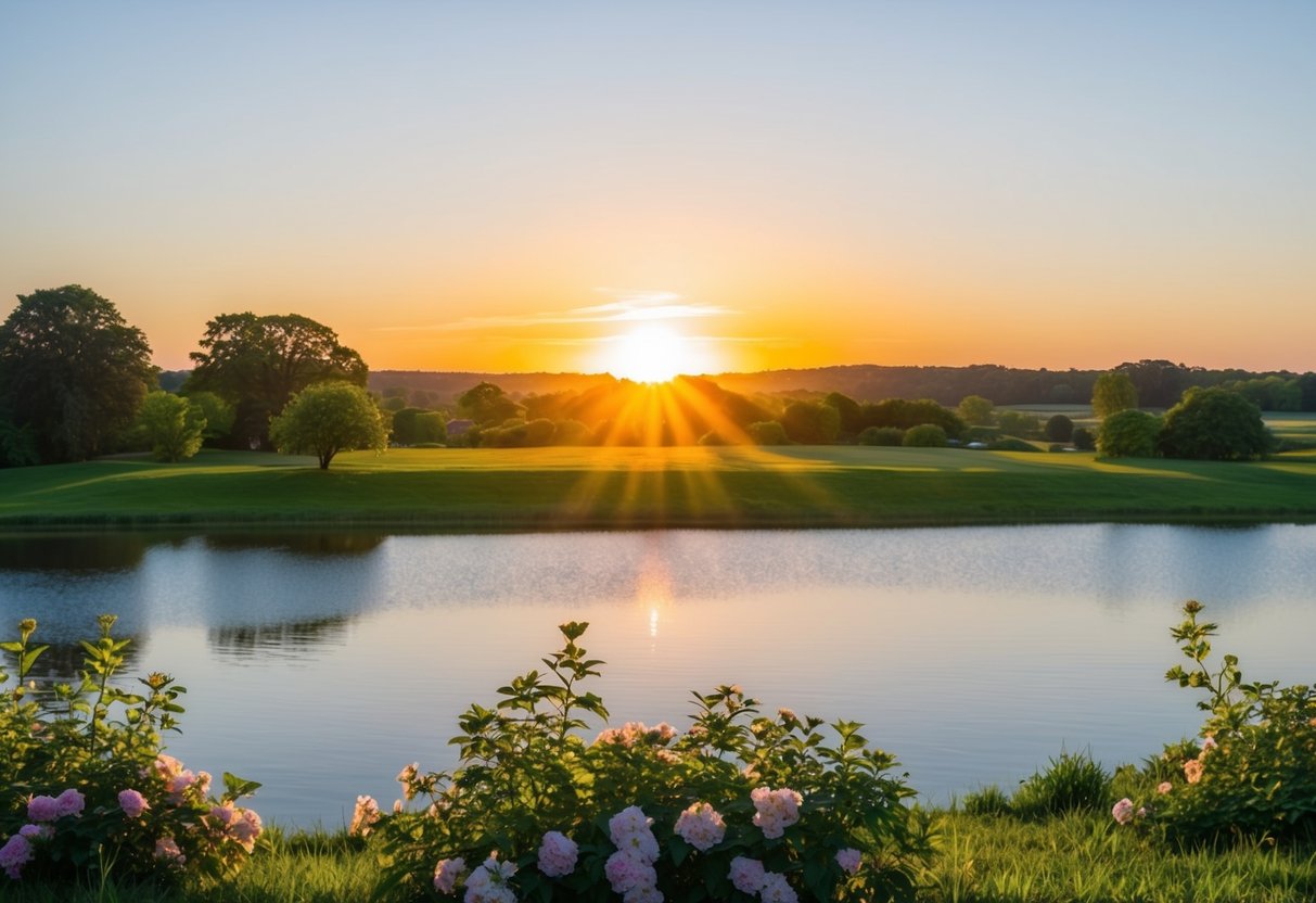 A serene landscape with a vibrant sunrise over a calm body of water, surrounded by lush greenery and blooming flowers