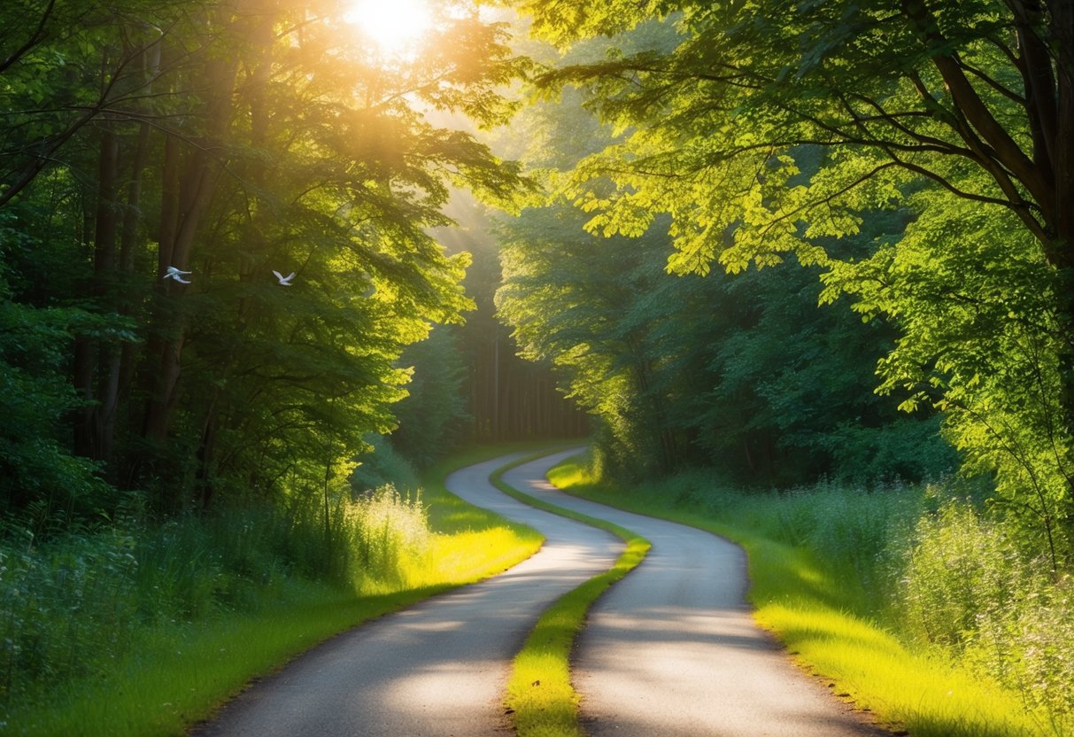 A serene, winding path through a lush forest, with sunlight filtering through the trees and birdsong in the air