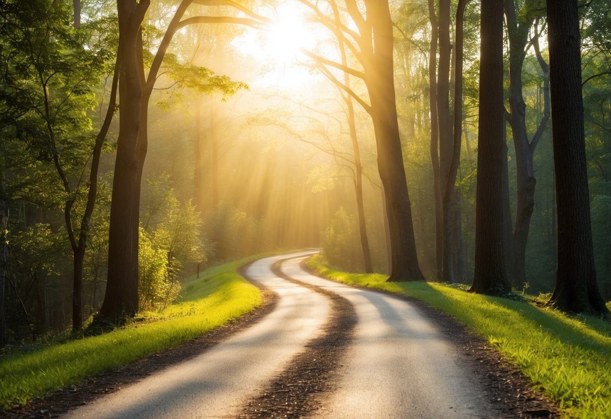 A winding path leading through a serene forest, with sunlight filtering through the trees and birds chirping in the distance