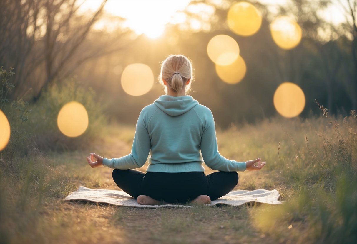 A person sitting in a peaceful, natural setting, surrounded by soft, warm colors and gentle light, with a sense of calm and self-compassion