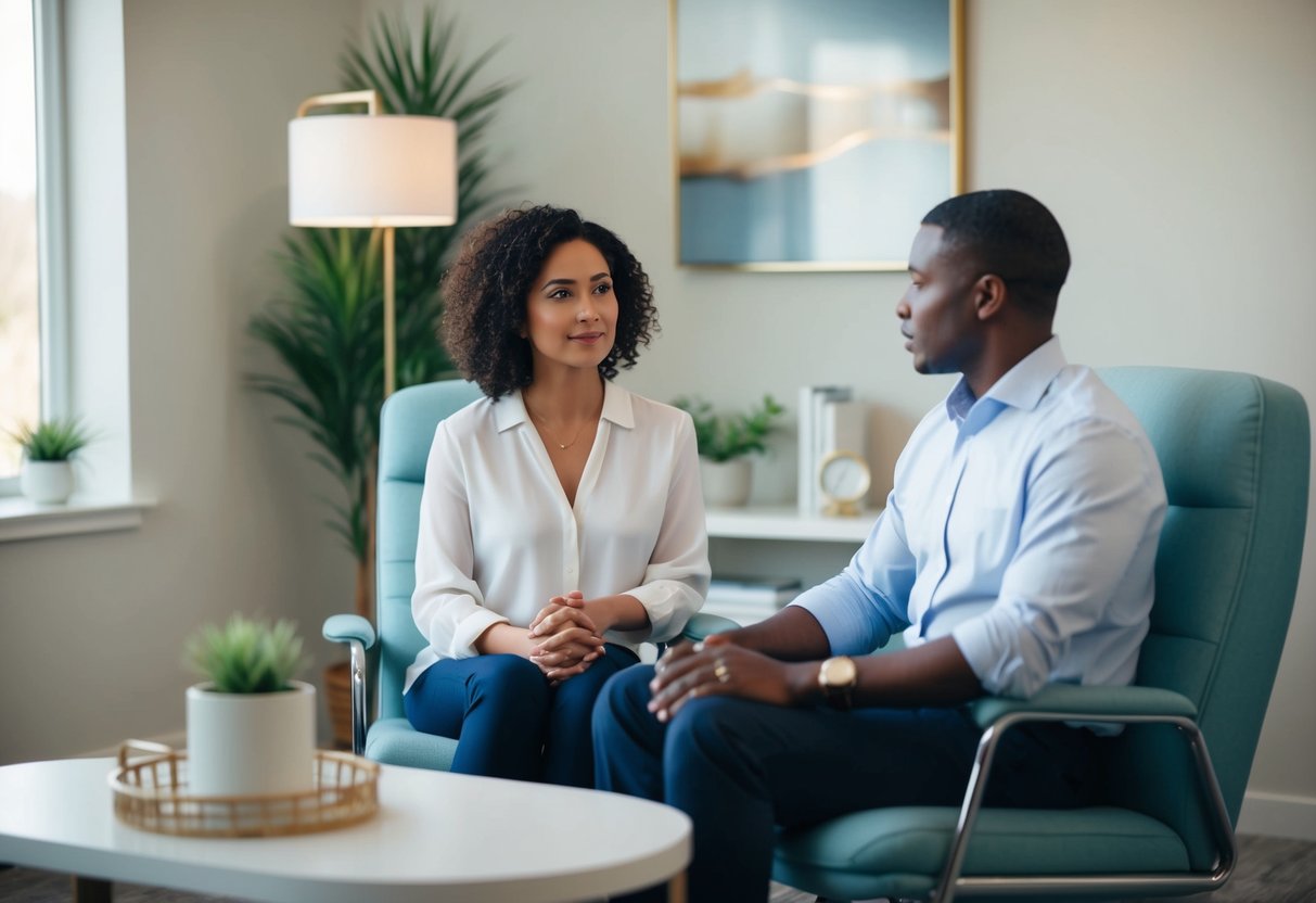 A person sitting in a therapist's office, surrounded by calming decor and soft lighting, engaged in a deep conversation