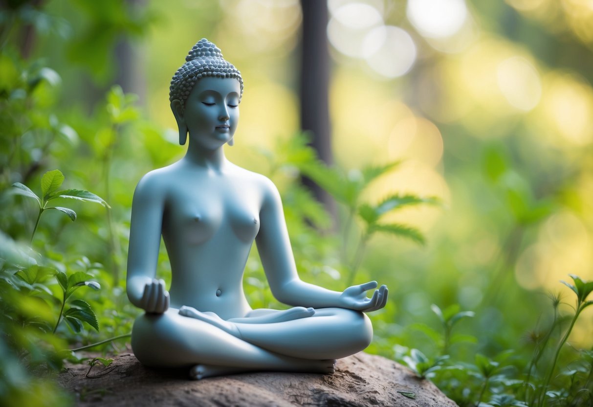 A serene figure surrounded by nature, sitting cross-legged with eyes closed, surrounded by soft light and a sense of inner peace