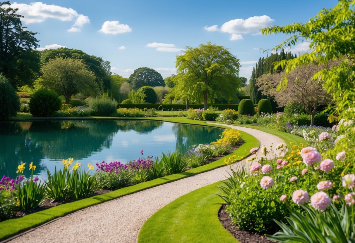 A peaceful garden with blooming flowers and a winding path leading to a serene lake, surrounded by lush greenery and a clear blue sky