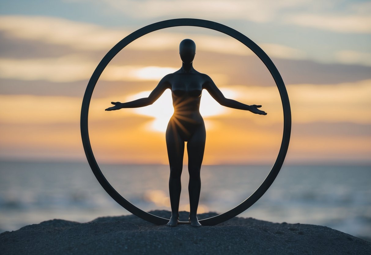 A figure standing in a circle, surrounded by a protective barrier, symbolizing setting personal boundaries on a journey to sexual healing