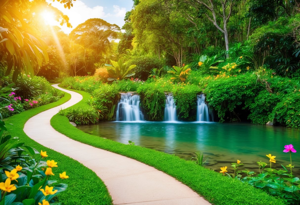 A winding path through lush greenery leads to a tranquil waterfall, surrounded by vibrant flowers and wildlife. The sun shines down, casting a warm and peaceful glow over the scene