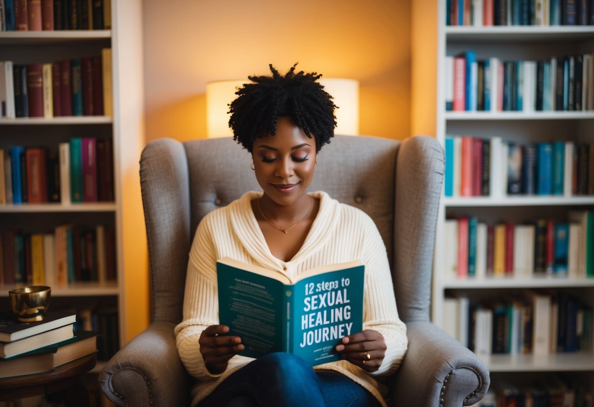 A person sitting in a cozy chair, surrounded by books and a warm light, with a serene expression while reading "12 Steps to Sexual Healing Journey"