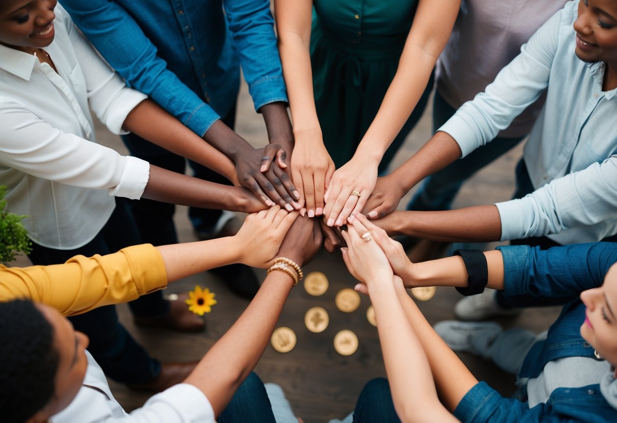 A circle of diverse individuals holding hands in a supportive embrace, surrounded by symbols of growth and healing