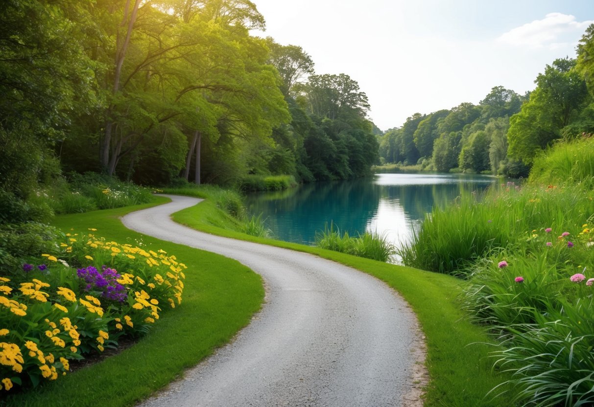 A serene nature scene with a winding path leading to a tranquil body of water, surrounded by lush greenery and colorful flowers