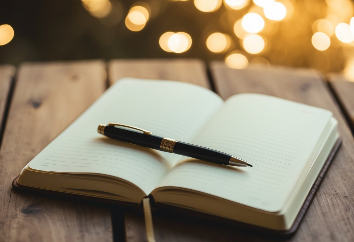 A journal open on a wooden table, pen resting on top, surrounded by soft, warm lighting