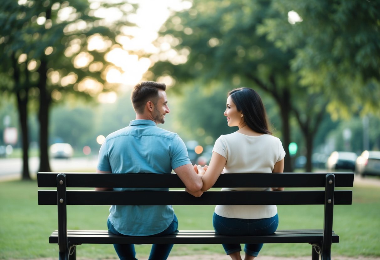 A couple sitting on a park bench, facing each other, holding hands, with a serene and peaceful expression on their faces