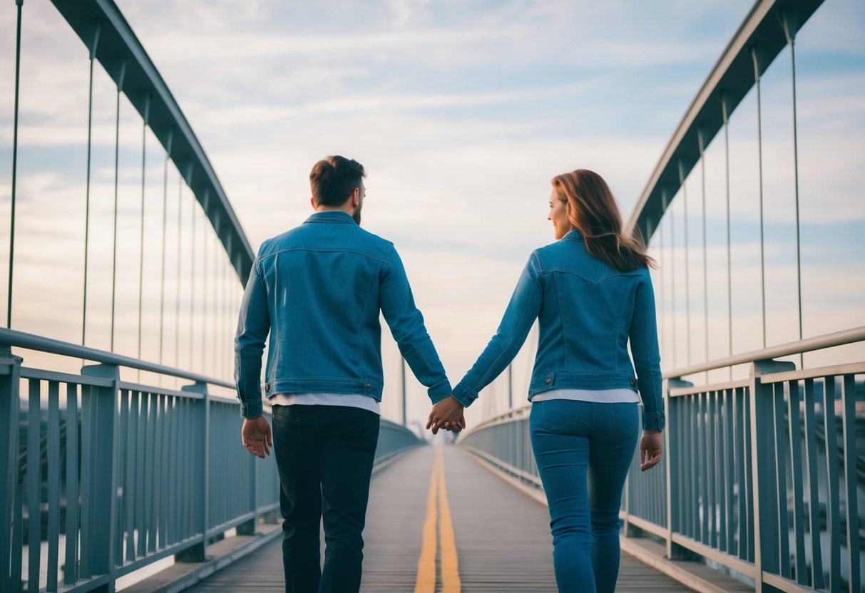 A couple holding hands and walking across a bridge together, symbolizing the journey of rebuilding trust in their relationship