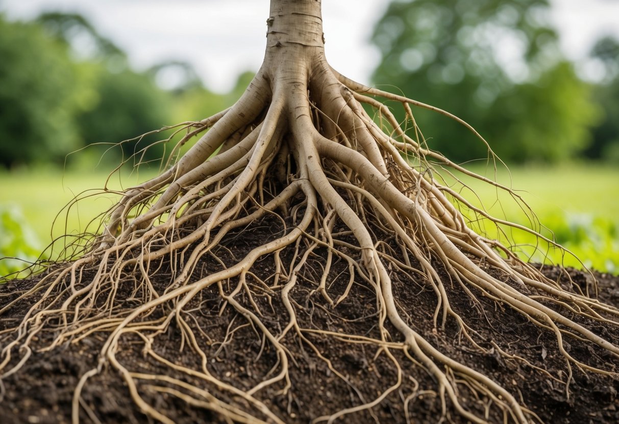 A tangled web of roots emerging from fertile soil, intertwining and reaching out in all directions