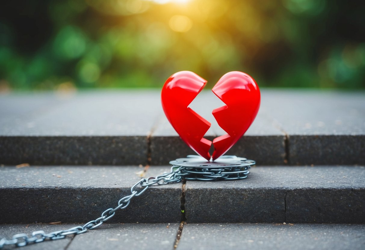 A broken heart mended together with a series of interconnected steps, forming a path towards rebuilding trust