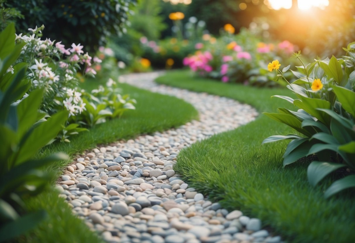 A winding path through a lush garden, with a gentle stream and blooming flowers, symbolizing the journey of maintaining and rebuilding intimate trust