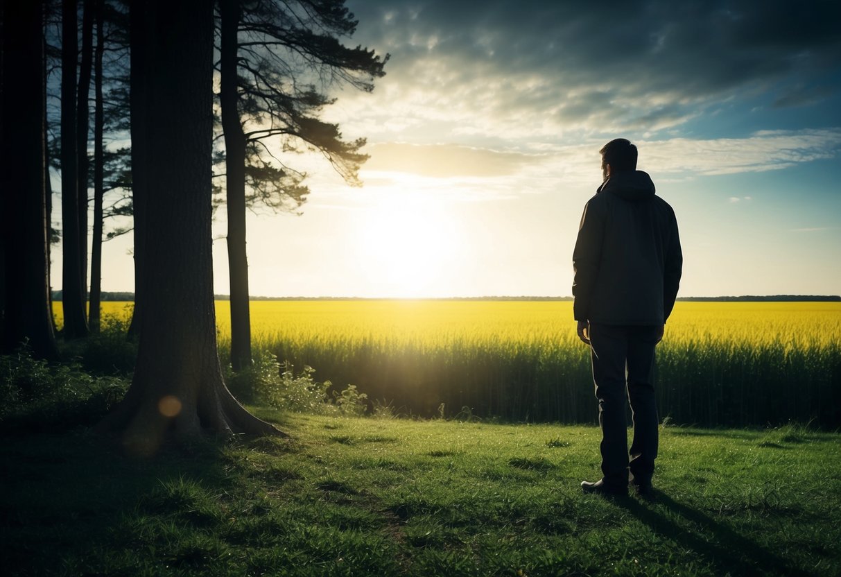 A figure stands at the edge of a dark forest, gazing out at a bright, open field bathed in sunlight. The contrast between the two landscapes evokes a sense of transition from fear to freedom