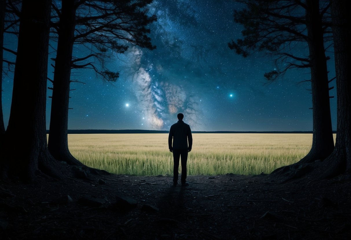 A figure stands at the edge of a dark forest, looking out at a vast, open field under a starry sky. The contrast between the enclosed woods and the expansive openness of the field represents the journey from fear to freedom in intimacy