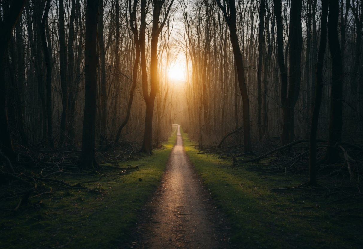 A dark, tangled forest with a path leading towards a clearing bathed in warm, golden light, symbolizing the journey from fear to freedom in intimate relationships