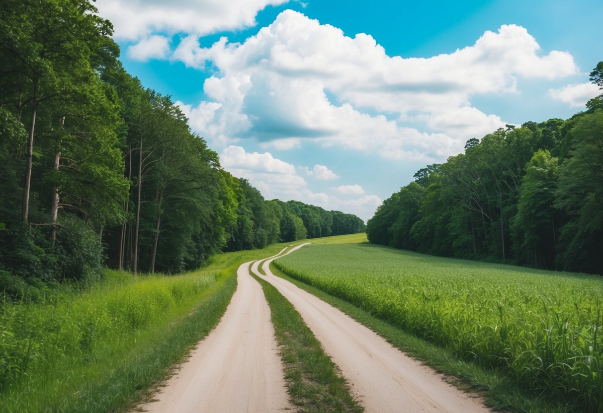 A winding path through a lush forest, leading to an open field with a bright, expansive sky overhead