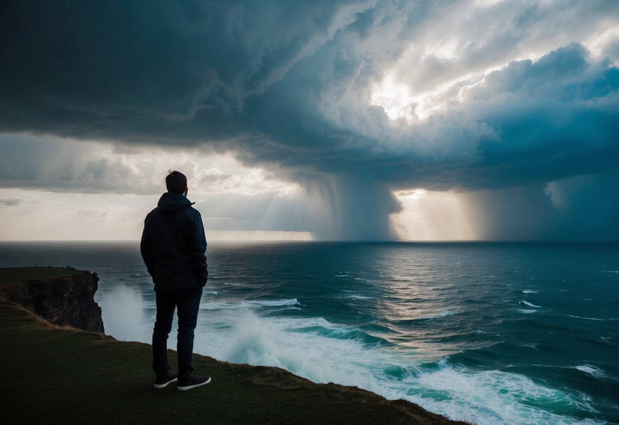 A person standing at the edge of a cliff, looking out at a vast and turbulent sea, with storm clouds parting to reveal a glimmer of sunlight