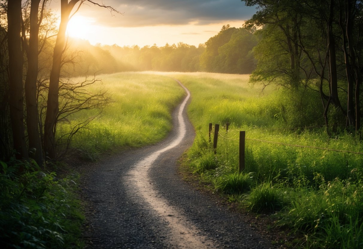 A winding path from a dark, tangled forest leads to a serene, open meadow bathed in warm sunlight, symbolizing the journey from fear to freedom in intimacy