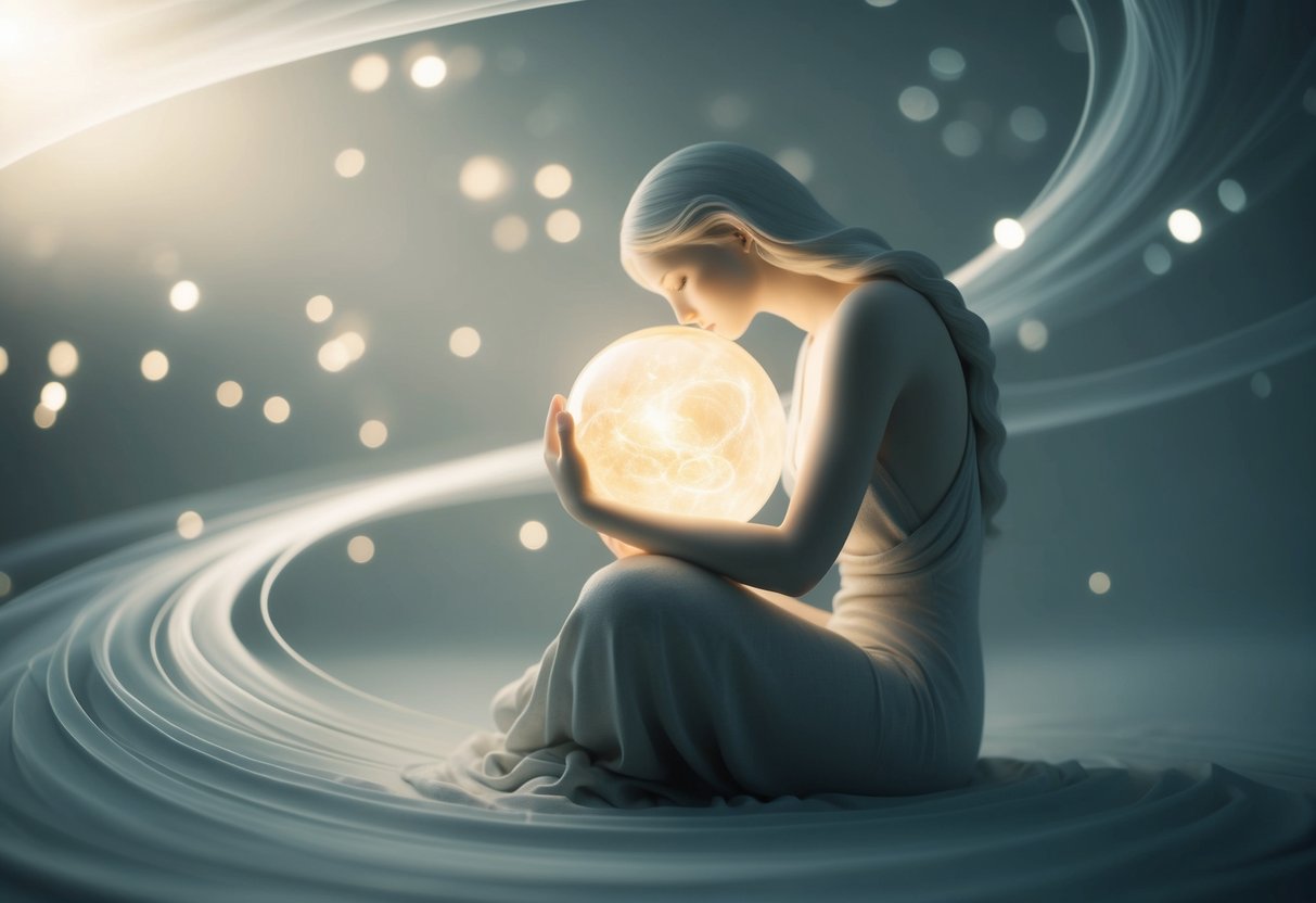 A serene, ethereal figure embraces a glowing orb, surrounded by swirling patterns of light and shadow. The atmosphere is calm and contemplative, evoking a sense of transcendence and inner peace