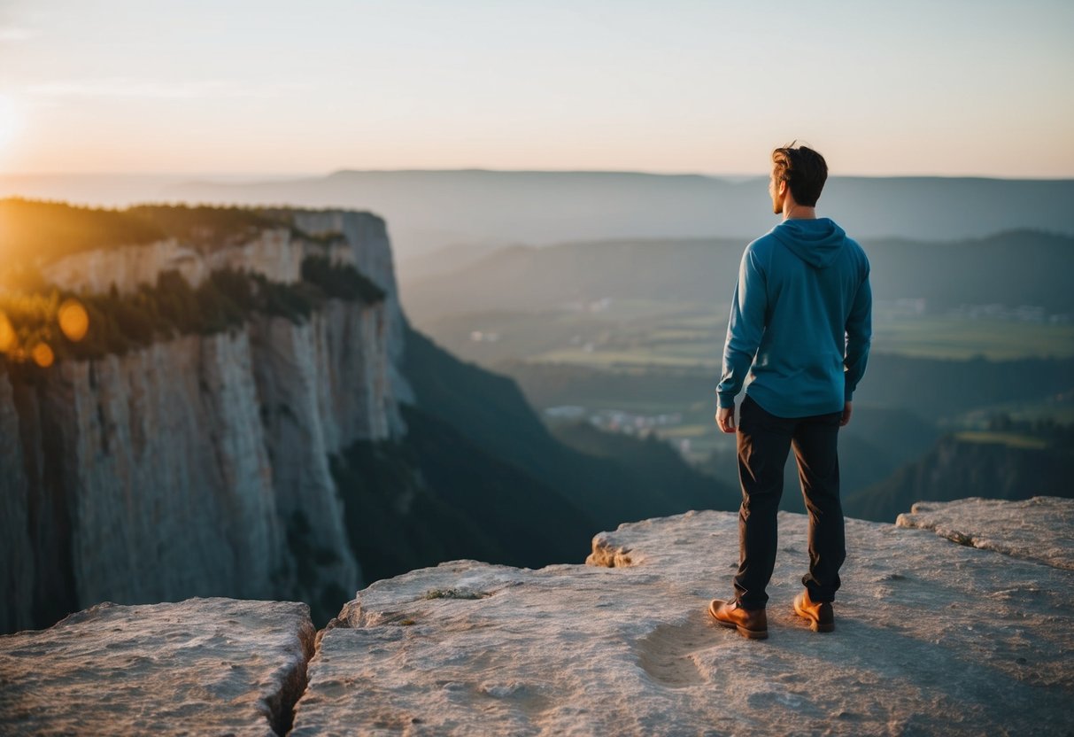 A figure standing at the edge of a cliff, looking out at a vast, open landscape, with a clear boundary between the figure and the rest of the scene