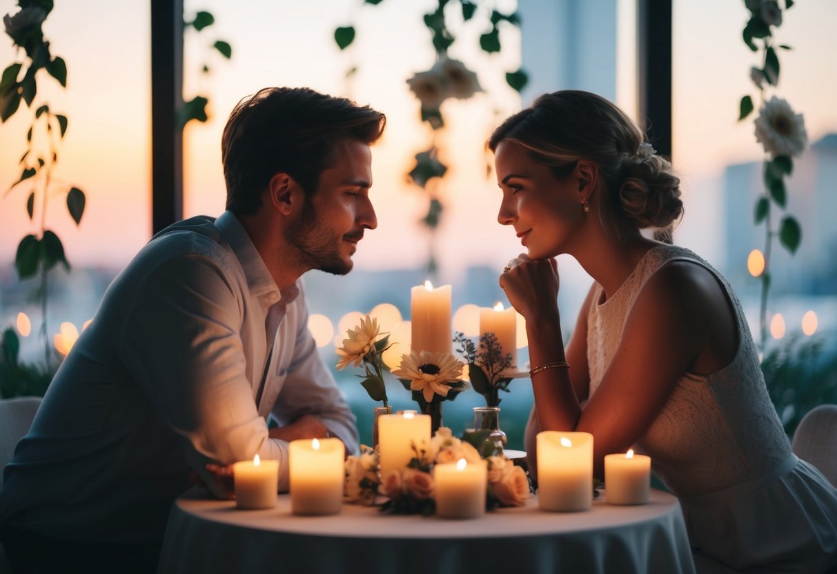 A couple sits facing each other, surrounded by soft candlelight and flowers, engaged in deep conversation and gentle touch