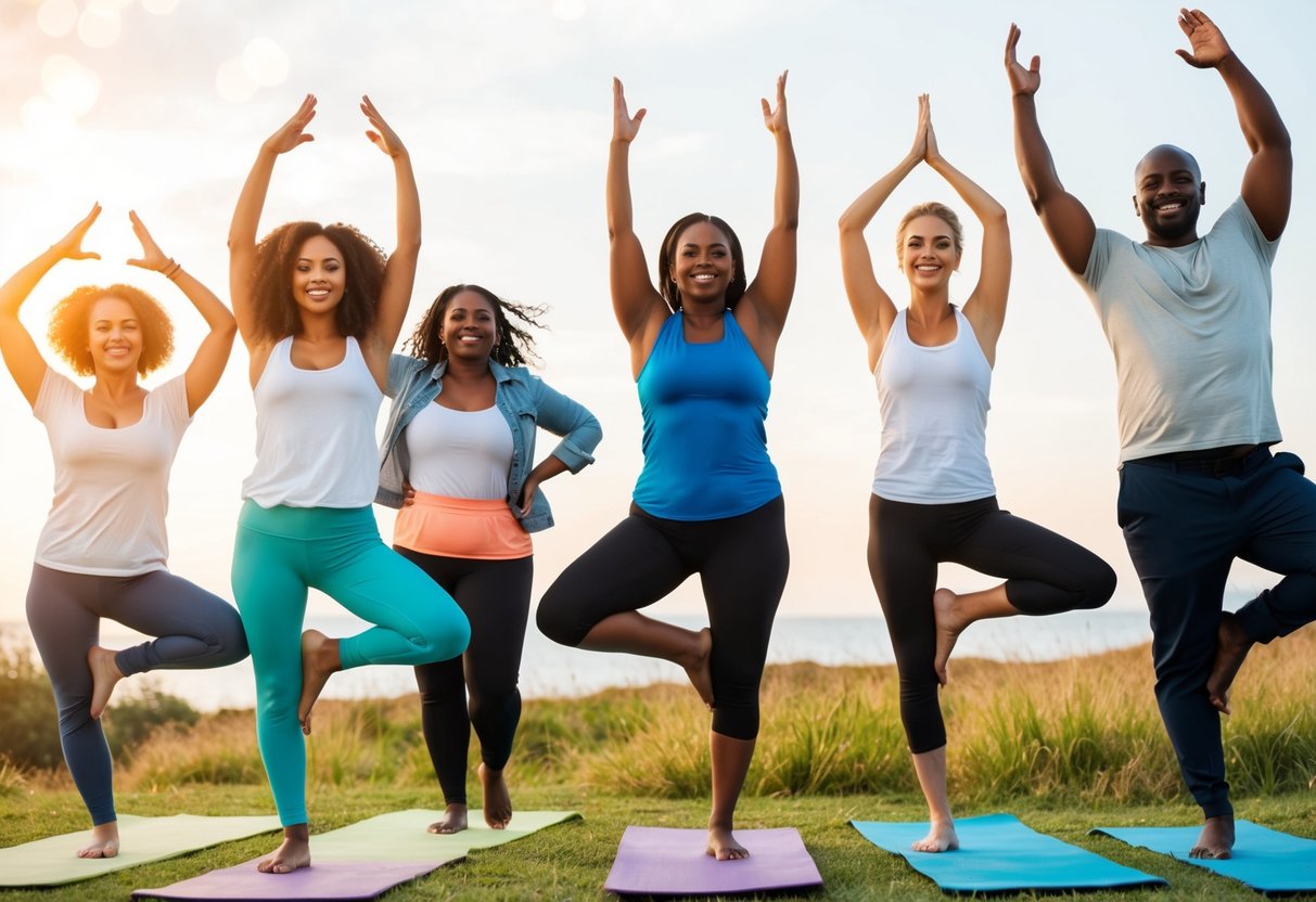 A diverse group of people of different shapes and sizes engaging in confident and joyful activities such as dancing, hiking, and yoga