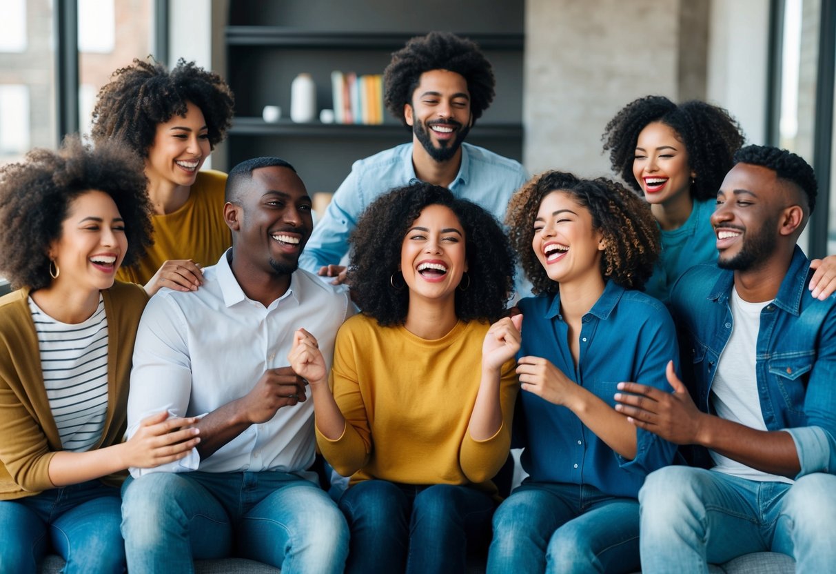 A diverse group of people laughing and socializing in a variety of settings, exuding confidence and comfort in their own bodies