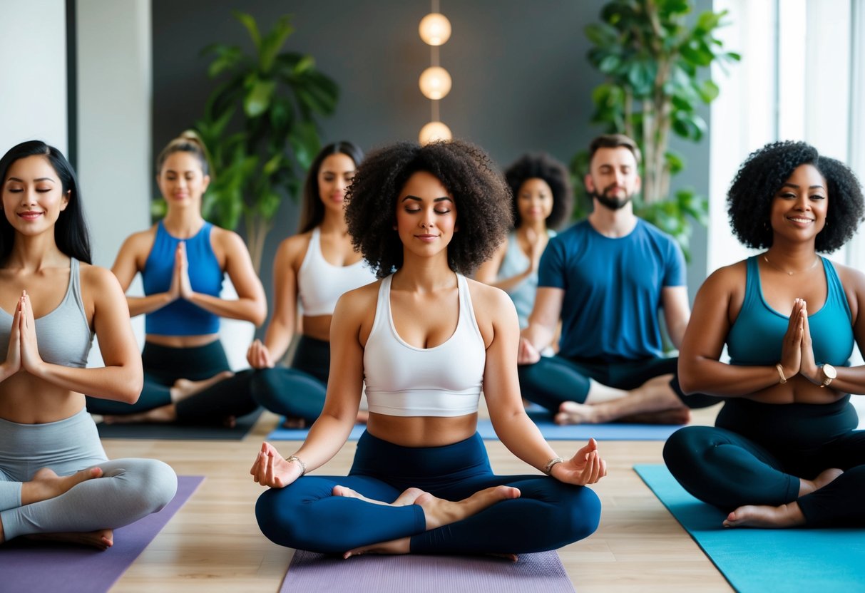 A diverse group of individuals engaging in various activities, such as yoga, meditation, and self-care routines, to promote mental health and body confidence