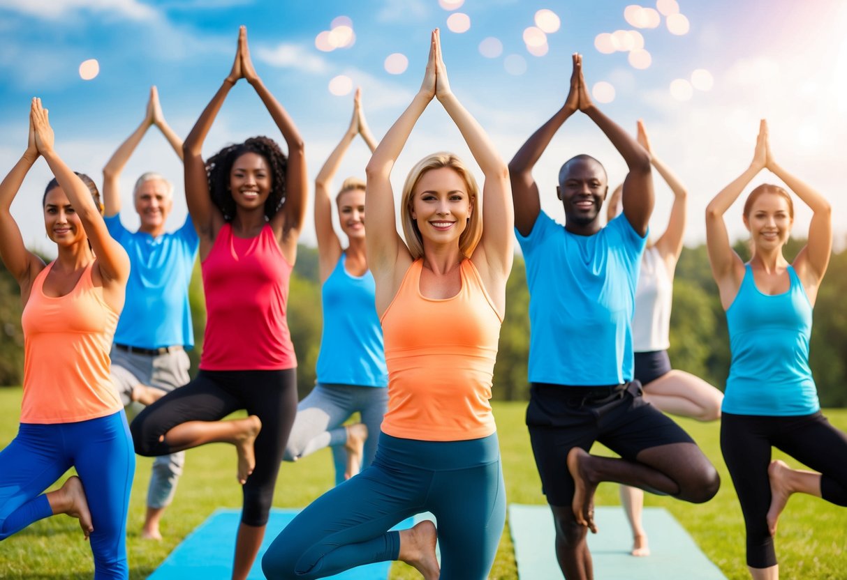 A diverse group of people engaging in various activities such as yoga, dancing, and outdoor sports, exuding confidence and happiness