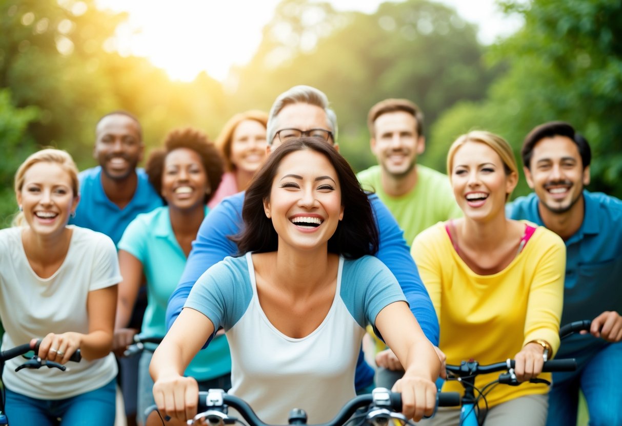 A diverse group of people enjoying outdoor activities, laughing and smiling, exuding confidence and positivity