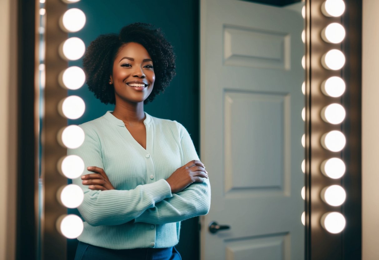 A person standing confidently in front of a mirror, practicing positive affirmations and smiling