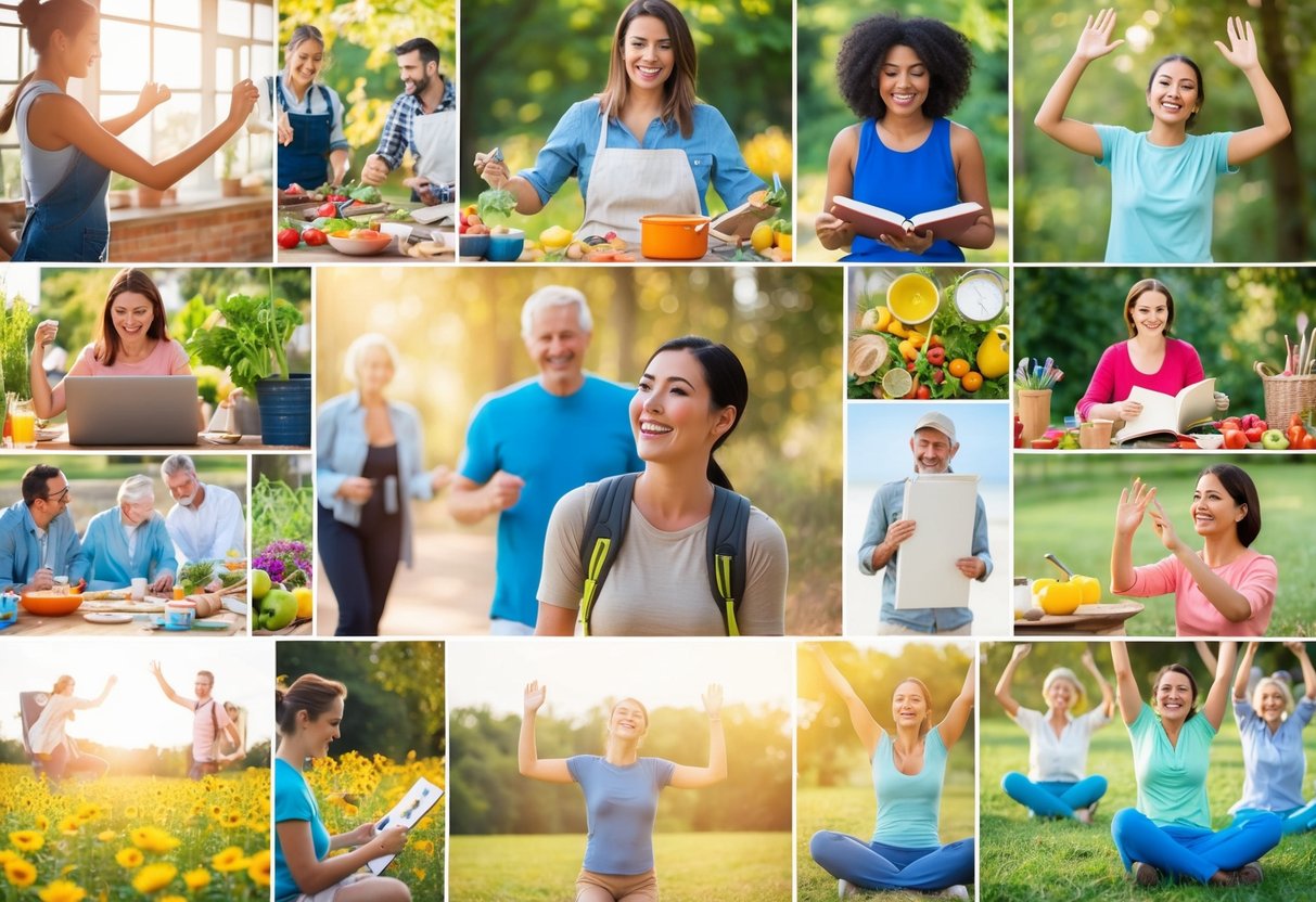 A person surrounded by various joyful activities: painting, dancing, cooking, hiking, reading, playing music, gardening, exercising, traveling, and more