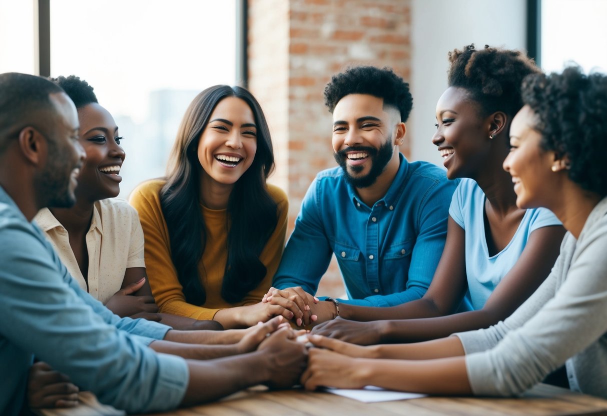 A group of diverse friends laughing and chatting in a circle, showing support and encouragement