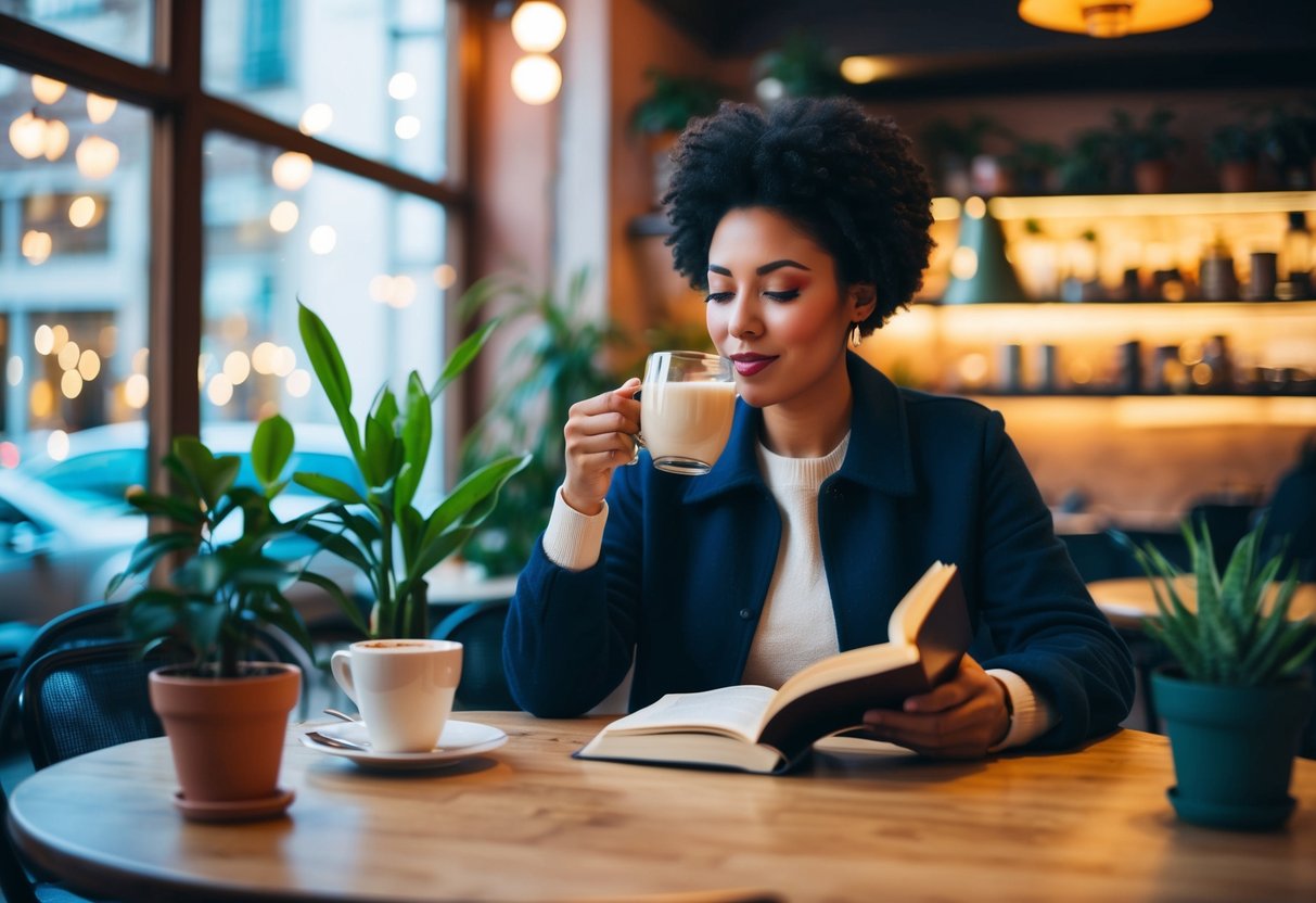 A person sitting alone at a cozy cafe, sipping on a warm drink and reading a book, surrounded by potted plants and soft lighting