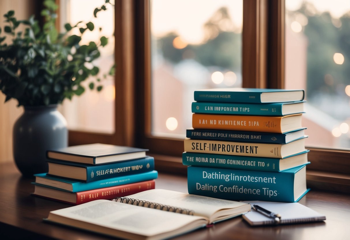 A cozy reading nook with a stack of self-improvement books and a notebook for jotting down dating confidence tips