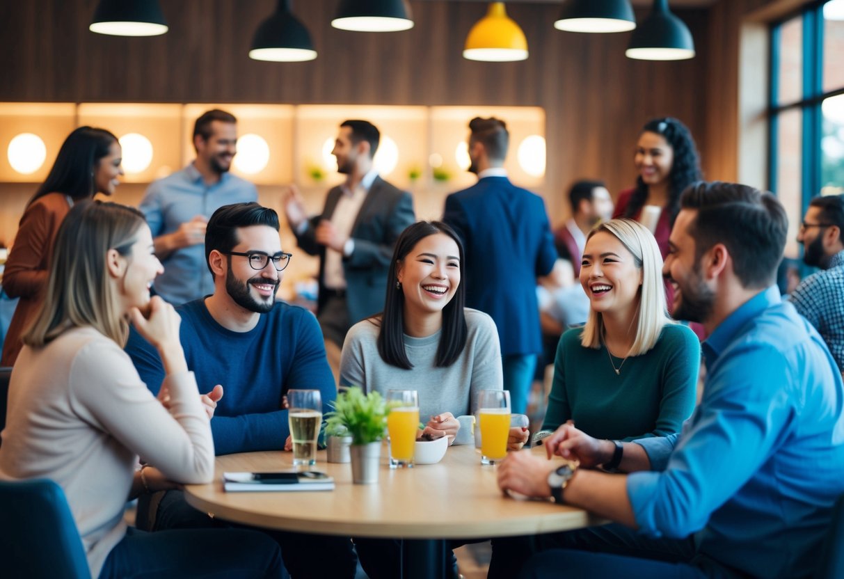 A group of people chatting and laughing in a social club setting, with various activities and interactions happening around them