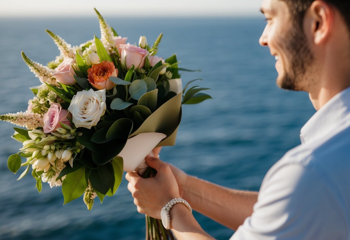 A person receiving a bouquet of flowers from a partner