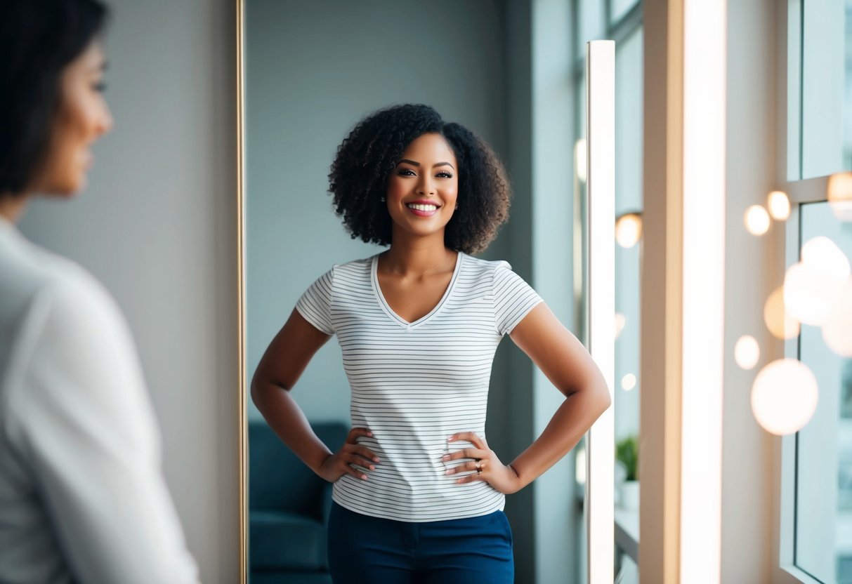 A person standing confidently in front of a mirror, smiling and looking self-assured